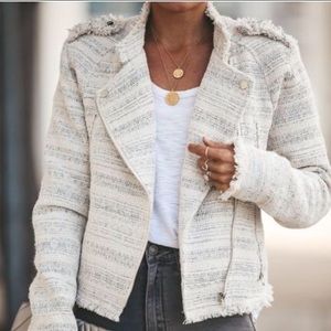 VICI off-white and silver frayed tweed moto jacket shoulder pads lined S